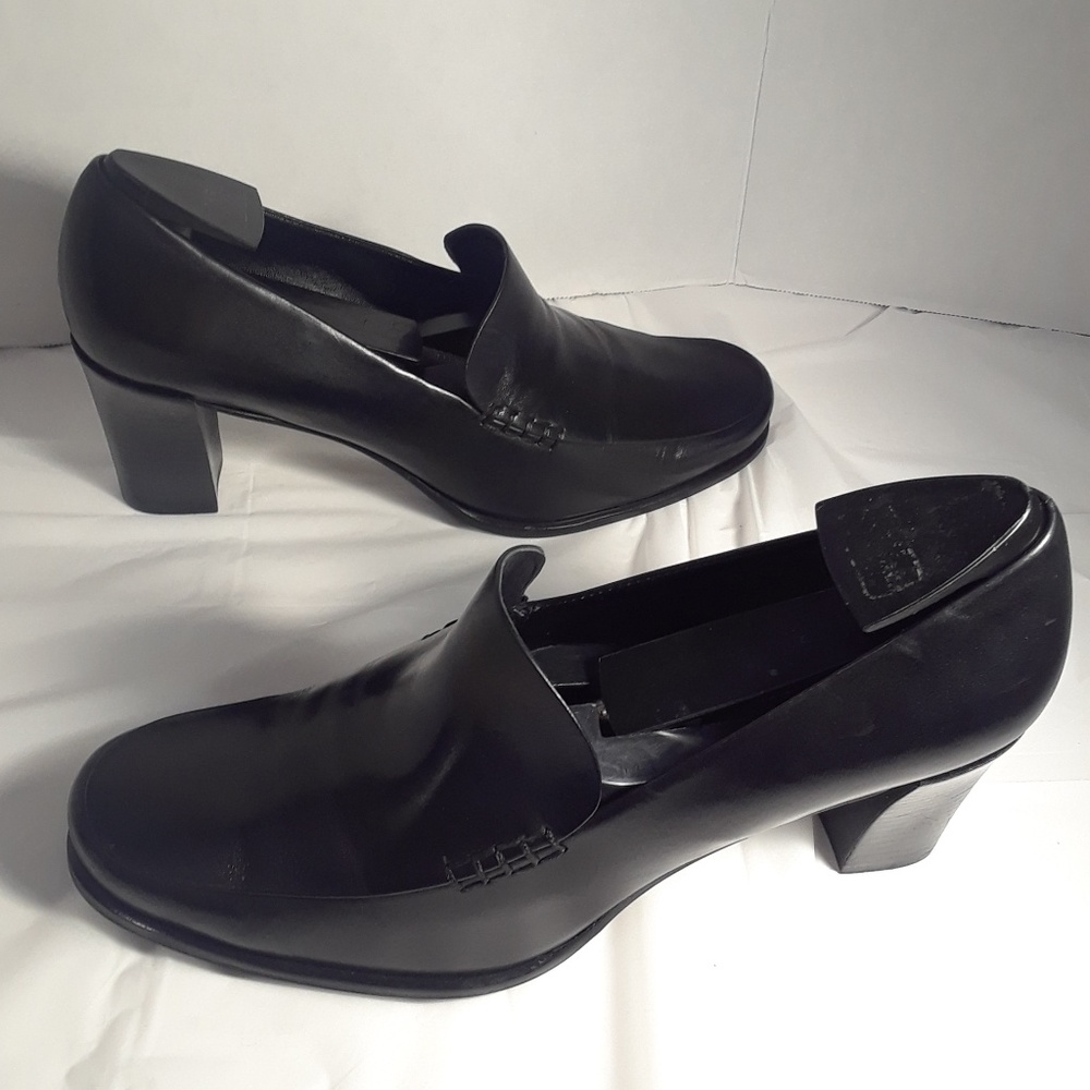 Franco Sarto black leather loafer heels